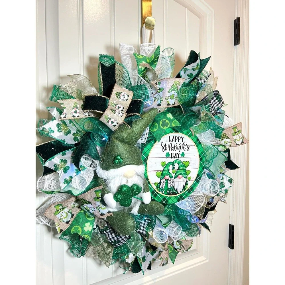 Handmade Happy St. Patrick’s Day Gnome Ribbon Prelit Wreath 22 ins LED W13